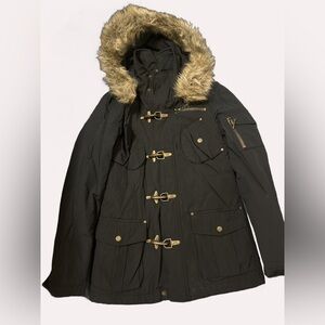 Zara Black Military Coat with Faux Fur Hood